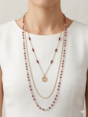 Banana Republic Multi-Strand Necklace | Gold Chain Red Bead Pendant
